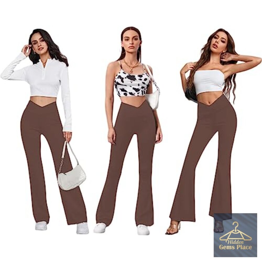 High Waisted Flare Leggings with Pockets Tummy Control Yoga Pants - Picture 2 of 6